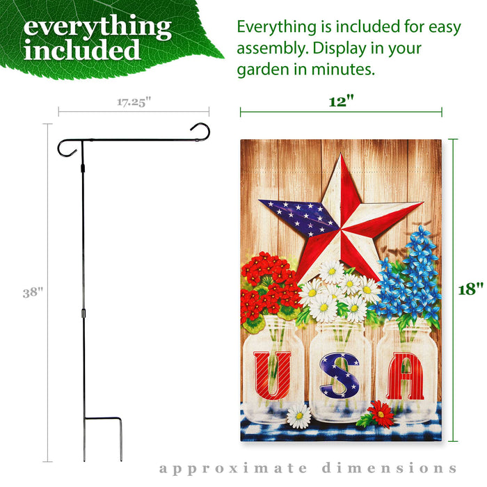 G128 Combo Pack: Garden Flag Stand 36x16IN & Garden Flag USA Star Flowers Printed 12x18IN Double Sided