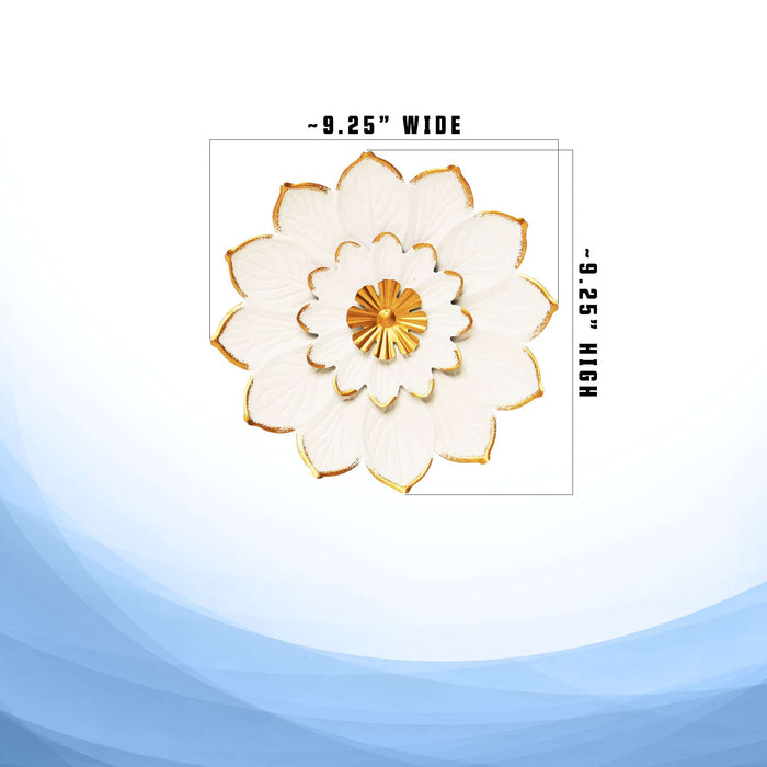 G128 9 IN White and Gold Metal Flower Wall Art | Elegant Floral Wall Hanging Decor for Indoor Living Room Bedroom Office Outdoor Garden Patio Yard