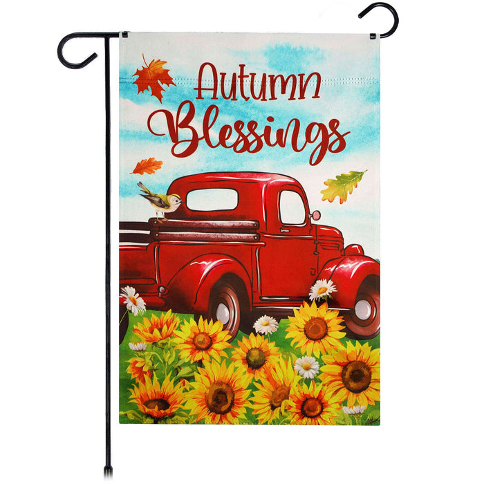 G128 Autumn Blessings Red Truck Sunflower Garden Flag 12x18 In Double Sided Fall Yard Garden Lawn Decoration