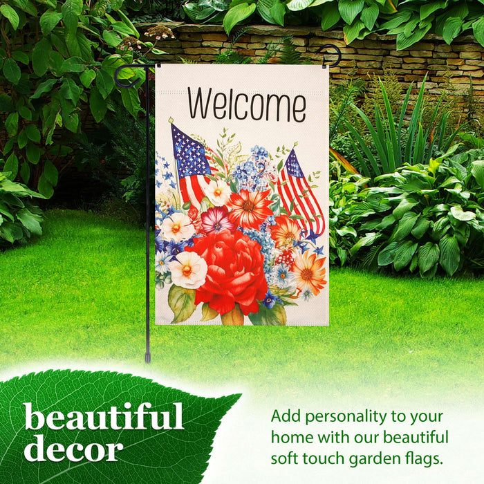 G128 Combo Pack Garden Flag Stand Black 36x16IN & Garden Flag Welcome  Flowers Printed 12x18IN Double Sided Yard Garden Lawn Decoration