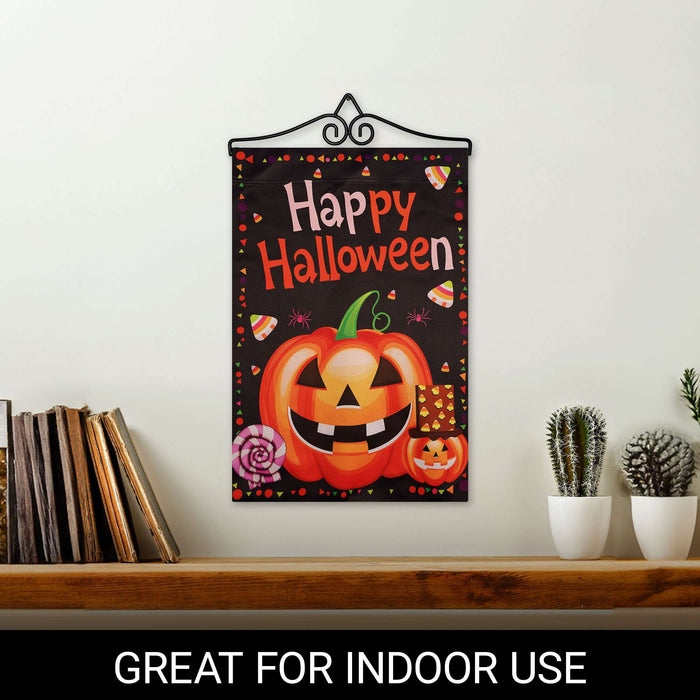 G128 12x18IN Happy Halloween Pumpkin Candy Garden Flag with 14IN Hanger