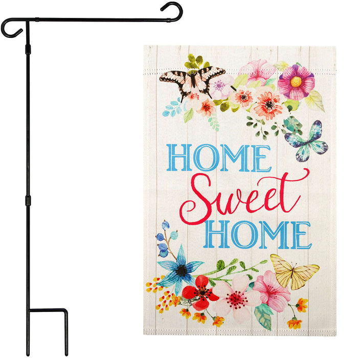 G128 Combo Pack: Garden Flag Stand 36x16IN & Garden Flag Home Sweet Home Butterflies Printed 12x18IN Double Sided