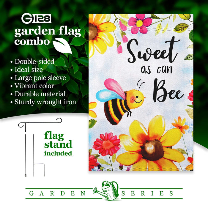 G128 Combo Pack: Garden Flag Stand 36x16IN & Garden Flag Sweet Bee Flowers Printed 12x18IN Double Sided