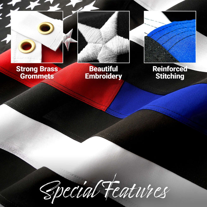 G128 - Thin Blue Line Police & Thin Red Line Firefighter Heavy Duty 220GSM Tough Spun Polyester Embroidered 4x6ft US American Flag Brass Grommets Honoring Law Enforcement Officers First Responder