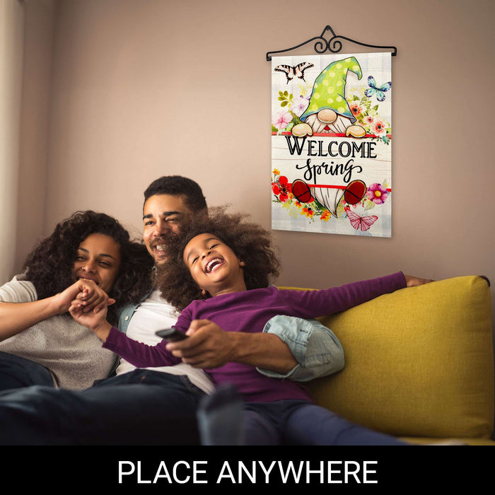 G128 Combo Pack Garden Flag Hanger 14IN & Garden Flag Welcome Spring Gnome Flowers Printed 12x18IN Double Sided