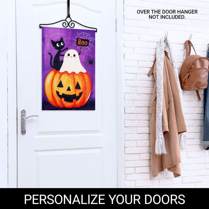 G128 12x18IN Halloween Ghost Cat Pumpkin Garden Flag with 14IN Hanger
