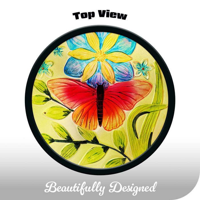 G128 12 in Round Glass Outdoor Side Table Butterfly Pattern | Decorative Plant Stand, Small End Table for Garden Patio Porch Living Room