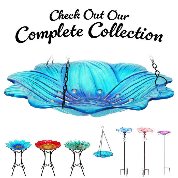 G128 Hanging Glass Bird Bath Outdoor Bird Feeder 10-inch for Garden Decoration Blue Flower Design