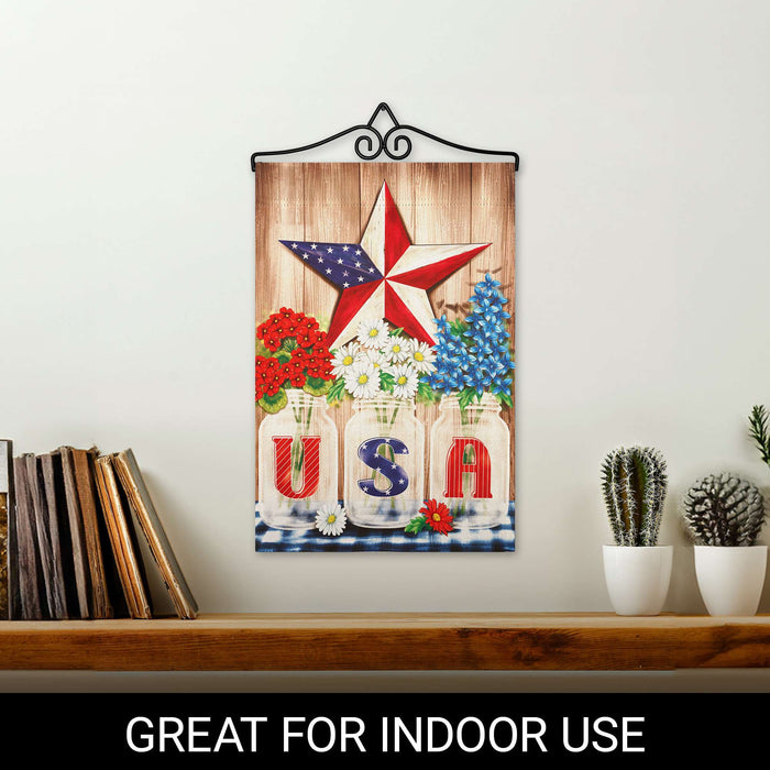 G128 Combo Pack Garden Flag Hanger 14IN & Garden Flag USA Star Flowers Printed 12x18IN Double Sided