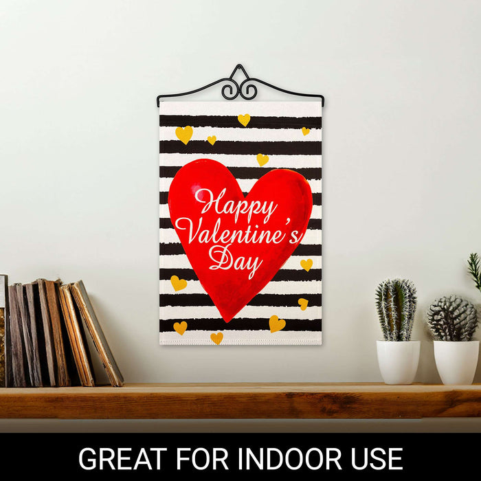 G128 Combo Pack Garden Flag Hanger 14IN & Garden Flag Happy Valentine's Day Striped Heart Printed 12x18IN Double Sided