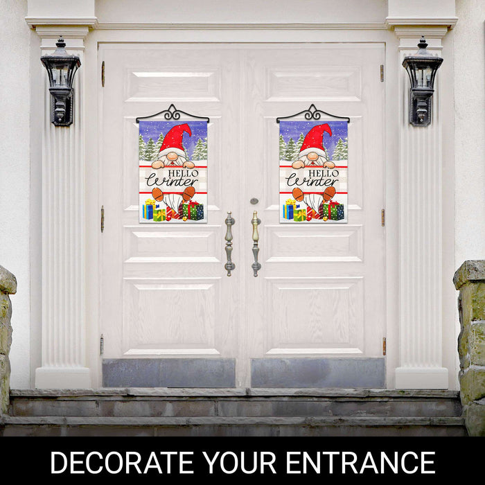 G128 Combo Pack Garden Flag Hanger 14IN & Garden Flag Hello Winter Gnome Gifts Printed 12x18IN Double Sided