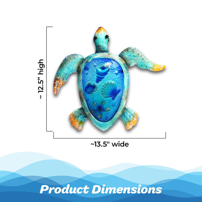 G128 coastal sea turtle metal wall art with glass inlay, 13 inch nominal size