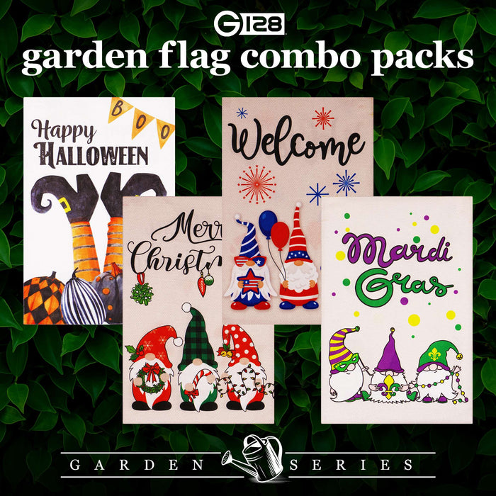 G128 set of 4 halloween, christmas, mardi gras gnomes garden flags, 12x18 inch, photo 4