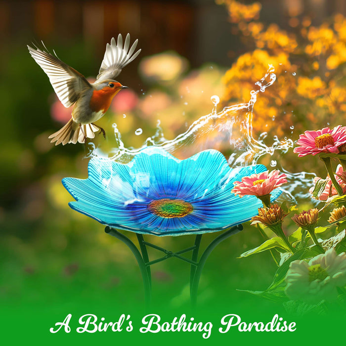 G128 19 Inch Height Glass Bird Baths with Metal Stand | Decorative Blue BirdBaths Bowl Outdoor Garden Bird Feeder