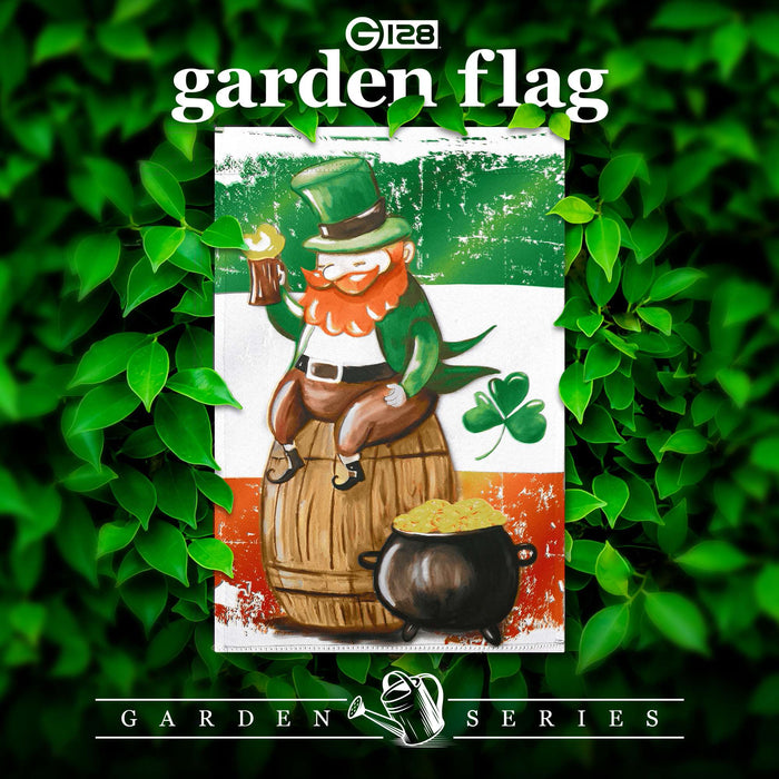 G128 Happy St. Patrick's Day Leprechaun Barrel Gold Garden Flag 12x18 In Double Sided St. Patrick's Day Yard Garden Lawn Decoration