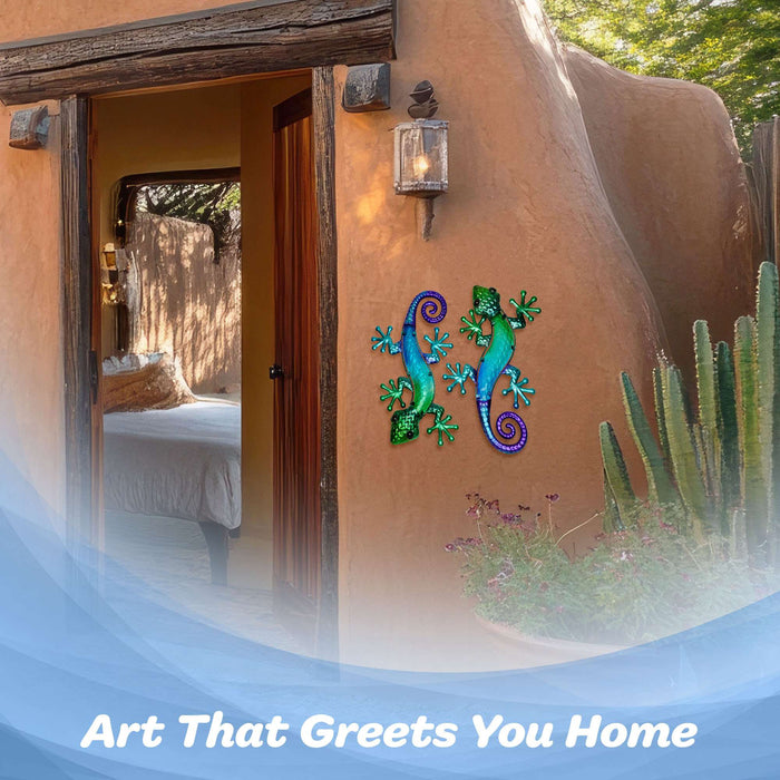G128 Lizard Gecko Metal Wall Art Set | Green Blue Gecko Lizard Metal Indoor Outdoor Wall Art Hanging Decor for Bedroom, Living Room, Garden, Patio