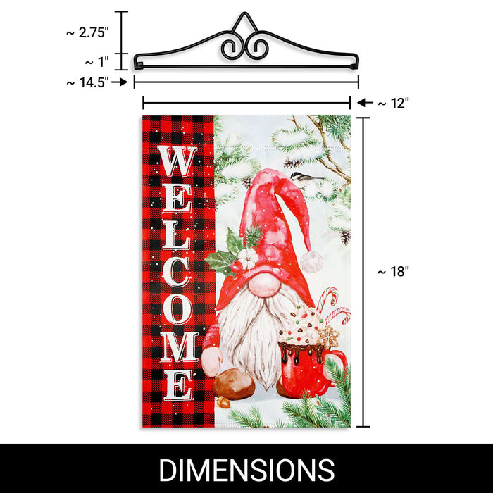 G128 12x18IN Welcome Christmas Gnome Plaid Garden Flag with 14IN Hanger