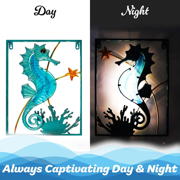 G128 Seahorse Metal Wall Art Set | Ocean Beach Themed Framed Home Wall Decor with LED Lights | Battery NOT Included
