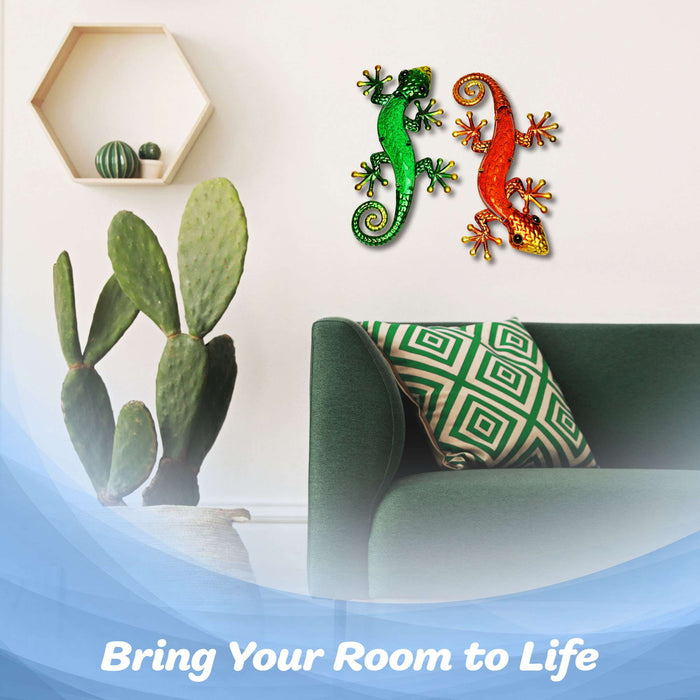 G128 Lizard Gecko Metal Wall Art Set | Green Orange Gecko Lizard Metal Indoor Outdoor Wall Art Hanging Decor for Bedroom, Living Room, Garden, Patio