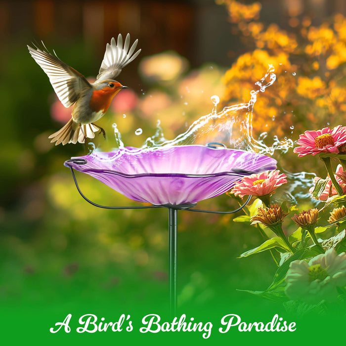 G128 29 Inch Height Glass Bird Baths with Metal Stake | Decorative Purple Flower Design Outdoor Garden Bird Feeder