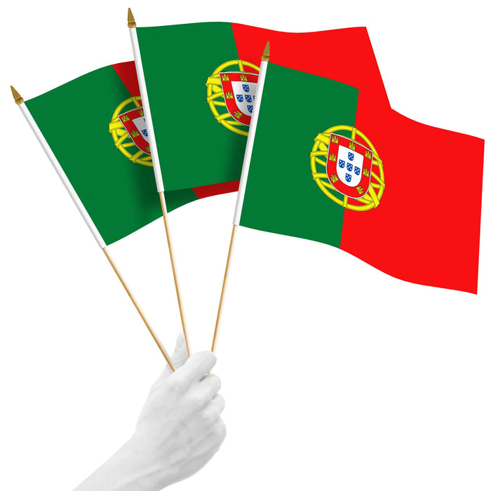 G128 10 Pack Handheld Portugal Portuguese Stick Flags | 12x18 In | Printed 150D Polyester, Country Flag, Solid Plastic Stick, Spear White Tip