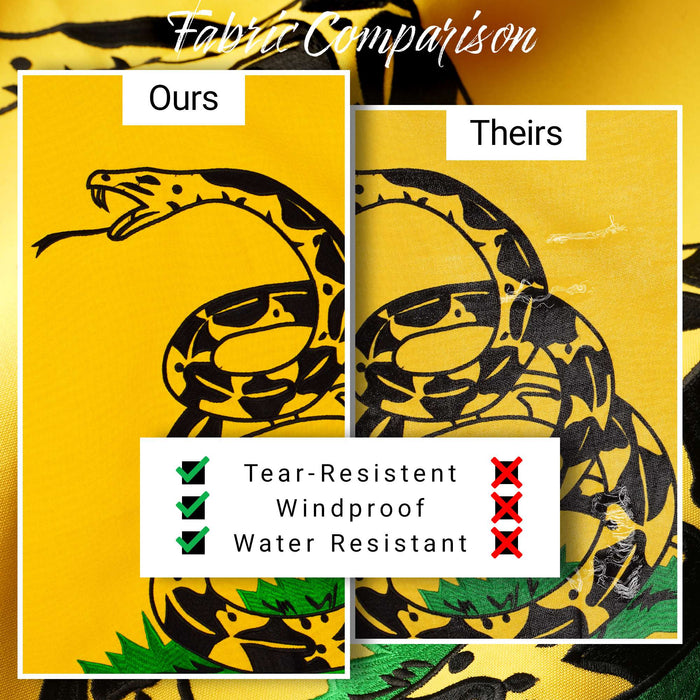 G128 Dont Tread on Me (Gadsden) Flag | 2x3 feet | Heavy Duty Spun Polyester 220GSM Embroidered, Tough, Durable, Indoor/Outdoor, Vibrant Colors, Brass Grommets