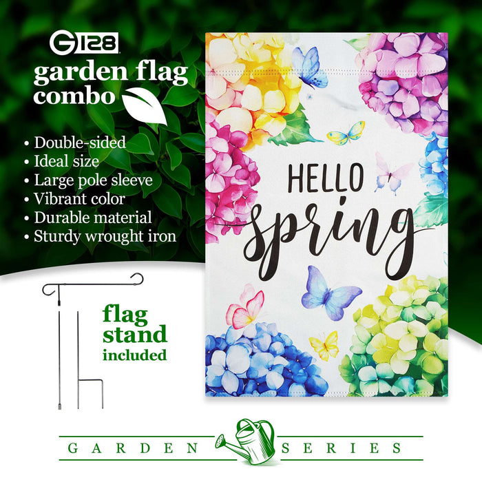 G128 36x16IN Garden Flag Stand & 12x18 Hello Spring Hydrangea Flag Kit
