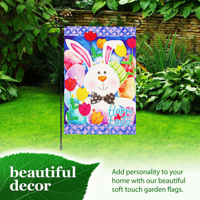 G128 Combo Pack Garden Flag Stand Black 36x16IN & Garden Flag Happy Easter Bunny Tulips Printed 12x18IN Double Sided Yard Garden Lawn Decoration