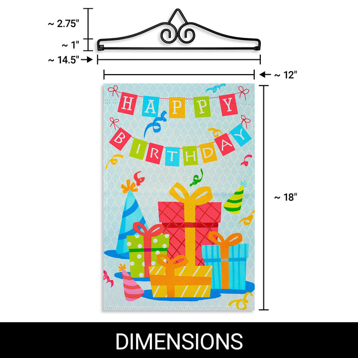 G128 Combo Pack Garden Flag Hanger 14IN & Garden Flag Happy Birthday Presents Printed 12x18IN Double Sided