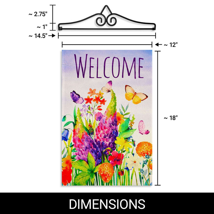 G128 Combo Pack Garden Flag Hanger 14IN & Garden Flag Spring Floral Butterfly Welcome Printed 12x18IN Double Sided Yard Garden Lawn Decoration