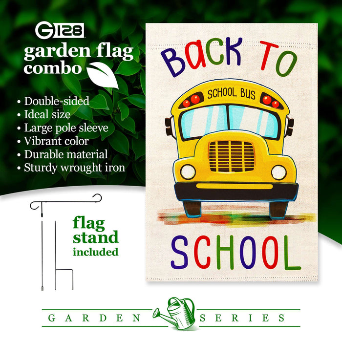 G128 Combo Pack: Garden Flag Stand 36x16IN & Garden Flag Back to School Bus Printed 12x18IN Double Sided