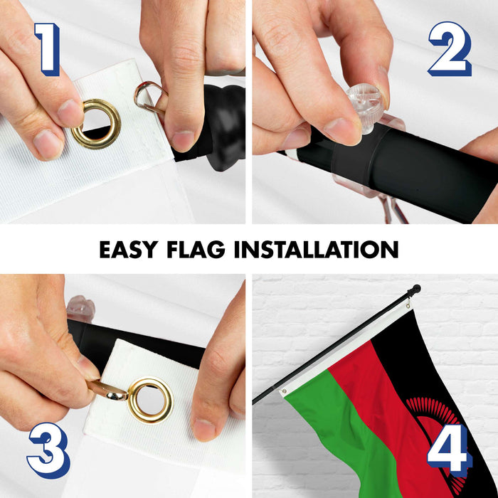 G128 Combo Pack: 6 Ft Twist Free Aluminum Spinning Flagpole (Black) & Malawi Flag | 3x5 Ft | LiteWeave Pro Series Printed 150D Polyester | Pole with Flag Included
