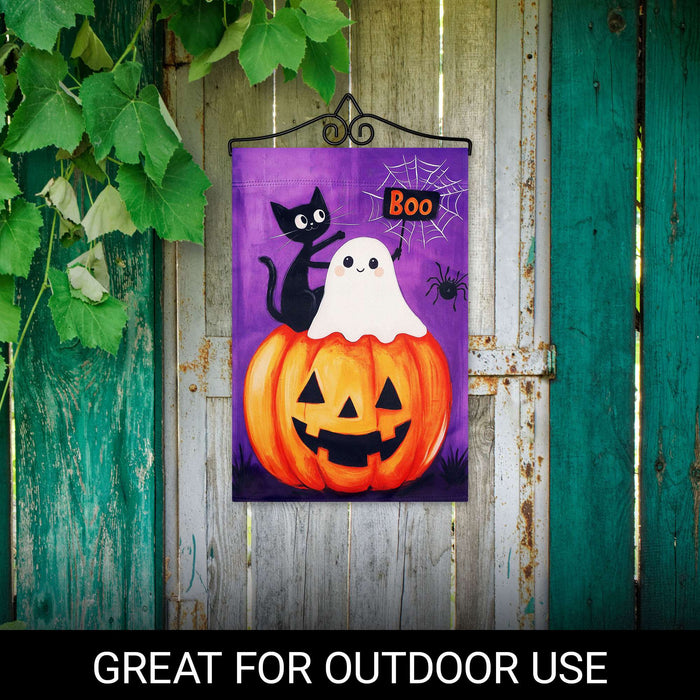 G128 12x18IN Halloween Ghost Cat Pumpkin Garden Flag with 14IN Hanger