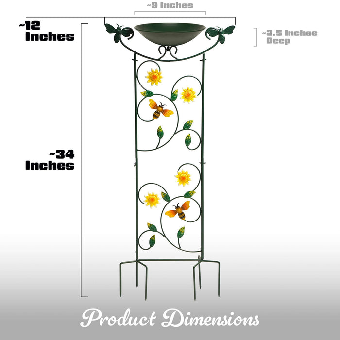 G128 metal bird bath and bird feeder on a garden stake with bee flower bird trellis, about 35 inches tall