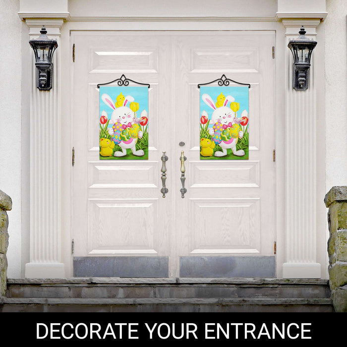 G128 Combo Pack Garden Flag Hanger 14IN & Garden Flag Happy Easter White Bunny with Easter Eggs Printed 12x18IN Double Sided