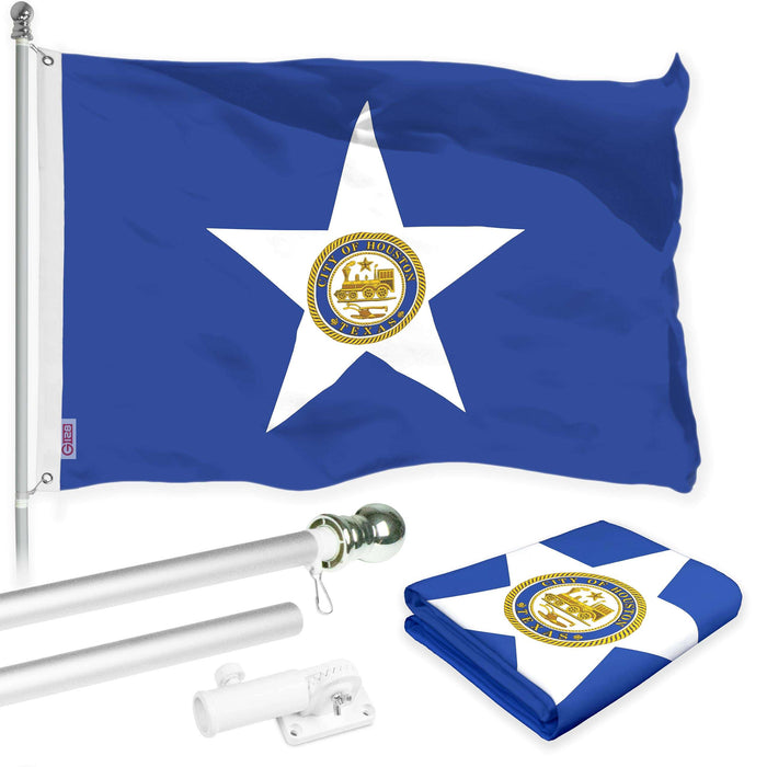 G128 Combo Pack: 6 Ft Twist Free Aluminum Spinning Flagpole (Silver) & Houston Flag | 3x5 Ft | LiteWeave Pro Series Printed 150D Polyester | Pole with Flag Included