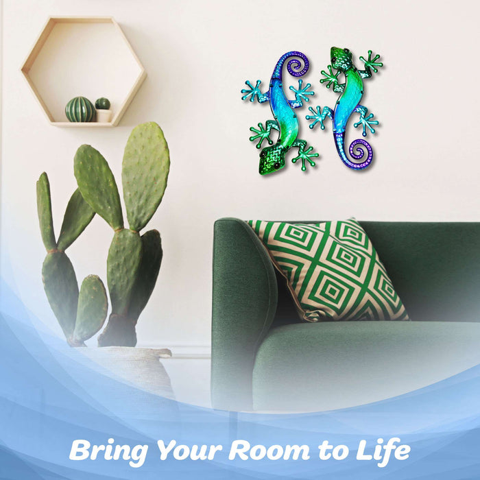 G128 Lizard Gecko Metal Wall Art Set | Green Blue Gecko Lizard Metal Indoor Outdoor Wall Art Hanging Decor for Bedroom, Living Room, Garden, Patio