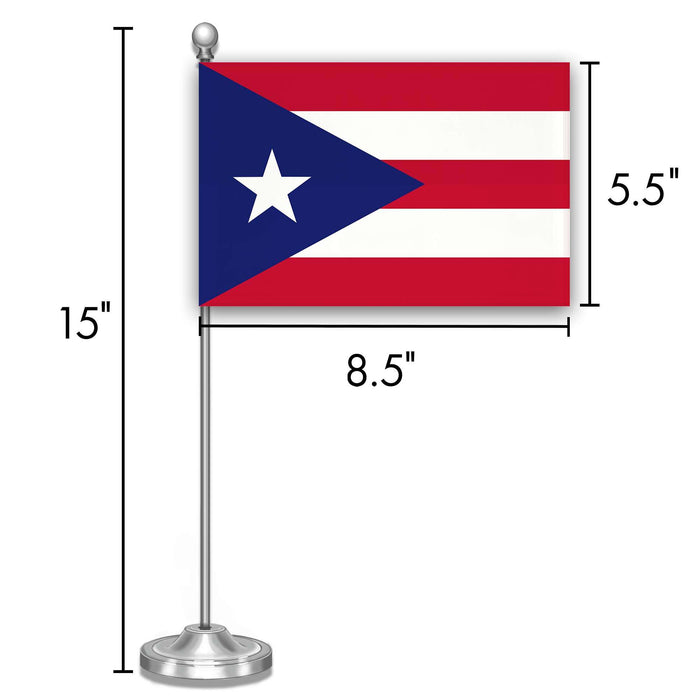 G128 Puerto Rico Puerto Rican Deluxe Desk Flag Set | 8.5x5.5 In | Printed 300D Polyester, with Silver Dome and Base, 15" Metal Pole, Decorations For Office, Home and Festival Events Celebration