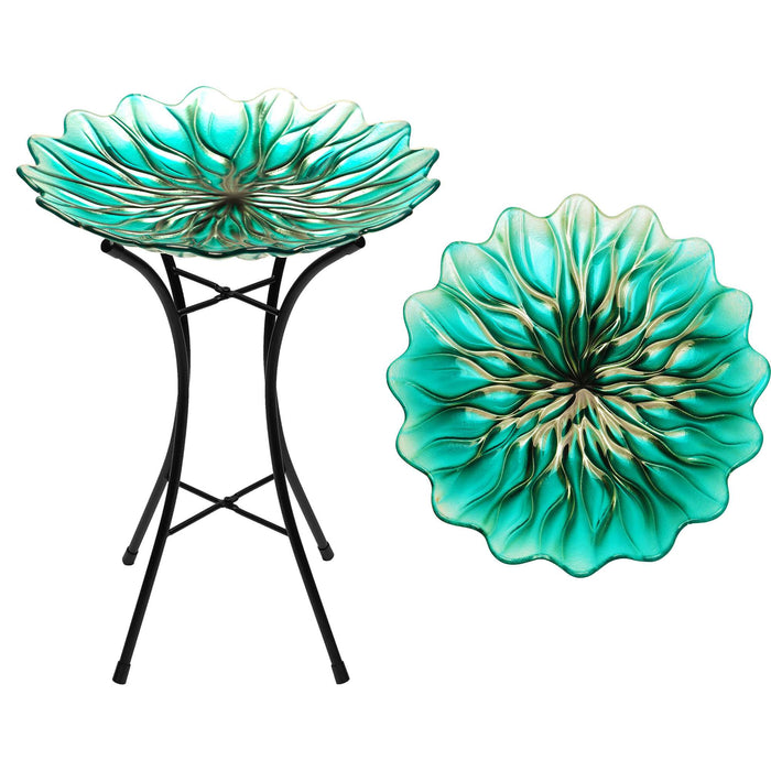 G128 19 Inch Height Glass Bird Baths with Metal Stand | Decorative Green BirdBaths Bowl Outdoor Garden Bird Feeder