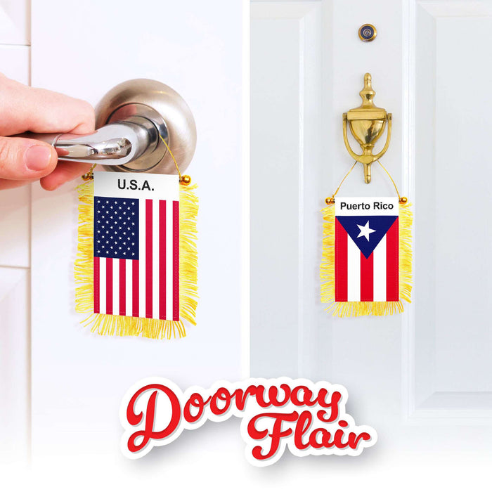 G128 Combo Pack: American USA & Puerto Rico Fringy Flag Double Sided 3x5 In | Both Fringy Hanging Flag with Suction Cup