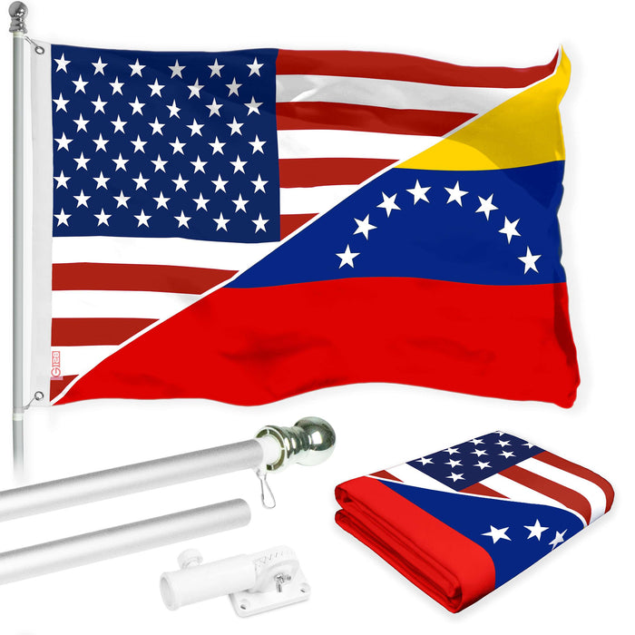 G128 Combo Pack: 6 Ft Tangle Free Aluminum Spinning Flagpole (Silver) & Venezuela 8 Stars USA Friendship Flag | 3x5 Ft |LiteWeave Pro Series Printed 150D Polyester | Pole with Flag Included