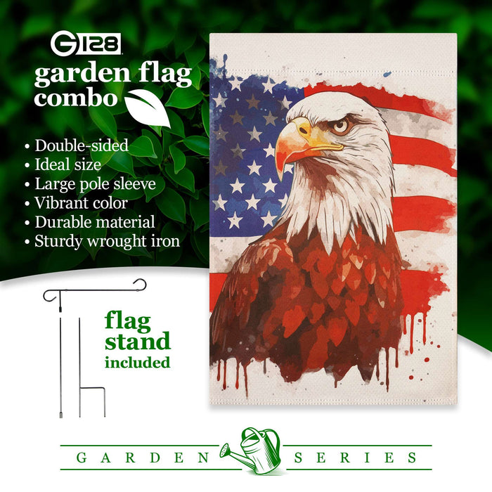 G128 Combo Pack Garden Flag Stand Black 36x16IN & Garden Flag Patriotic Bald Eagle Printed 12x18IN Double Sided Yard Garden Lawn Decoration
