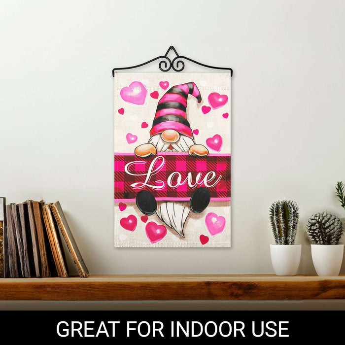 G128 Combo Pack Garden Flag Hanger 14IN & Garden Flag Happy Valentine's Day Love Gnome Printed 12x18IN Double Sided