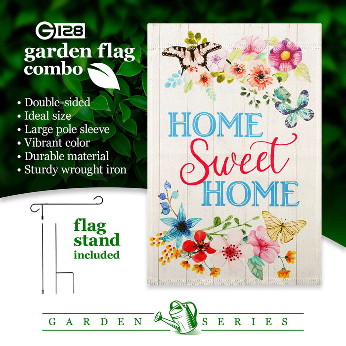 G128 Combo Pack: Garden Flag Stand 36x16IN & Garden Flag Home Sweet Home Butterflies Printed 12x18IN Double Sided