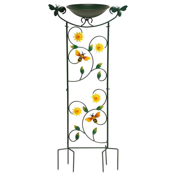G128 metal bird bath and bird feeder on a garden stake with bee flower bird trellis, about 35 inches tall