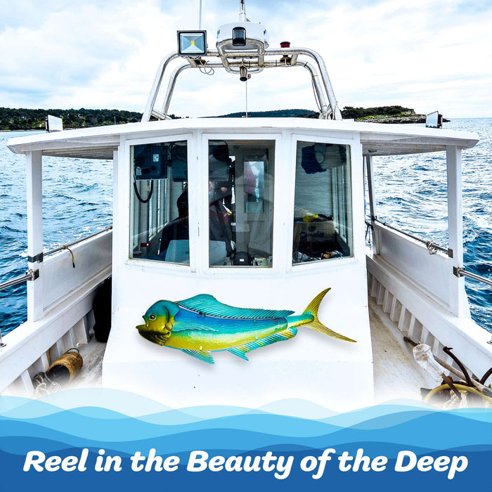 G128 36 IN Green Mahi-mahi Metal Wall Art Decor | Tropical Ocean Theme Indoor Outdoor Wall Art Hanging Decor for Bedroom, Living Room, Garden, Patio