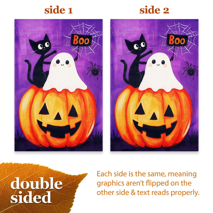G128 Halloween Ghost Cat Pumpkin Garden Flag 12x18 In Double Sided Halloween Yard Garden Lawn Decoration