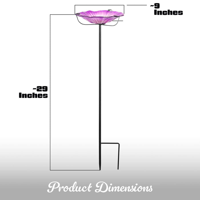 G128 29 Inch Height Glass Bird Baths with Metal Stake | Decorative Purple Flower Design Outdoor Garden Bird Feeder