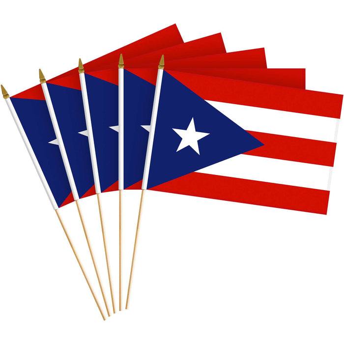 G128 24 Pack Handheld Puerto Rico Puerto Rican Stick Flags | 8x12 In | Printed 150D Polyester, Country Flag, Solid Wooden Stick, Spear Gold Tip