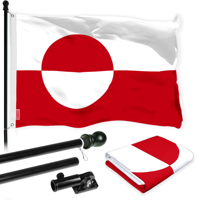 G128 Combo Pack: 6 Ft Twist Free Aluminum Spinning Flagpole (Black) & Greenland Flag | 3x5 Ft | LiteWeave Pro Series Printed 150D Polyester | Pole with Flag Included